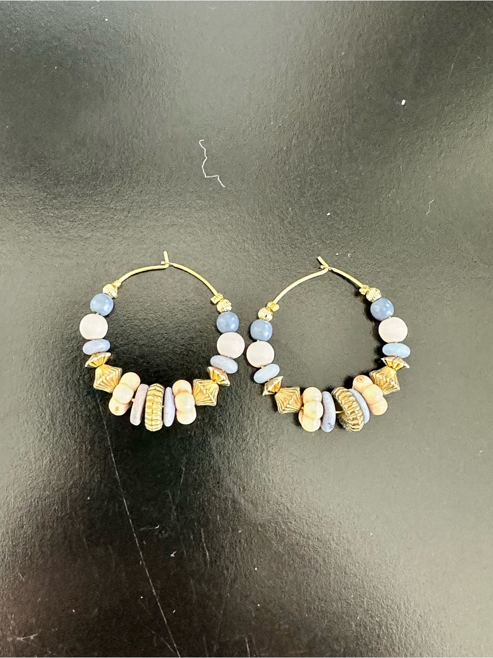 Handcrafted Blue and Gold Beaded Hoop Earrings